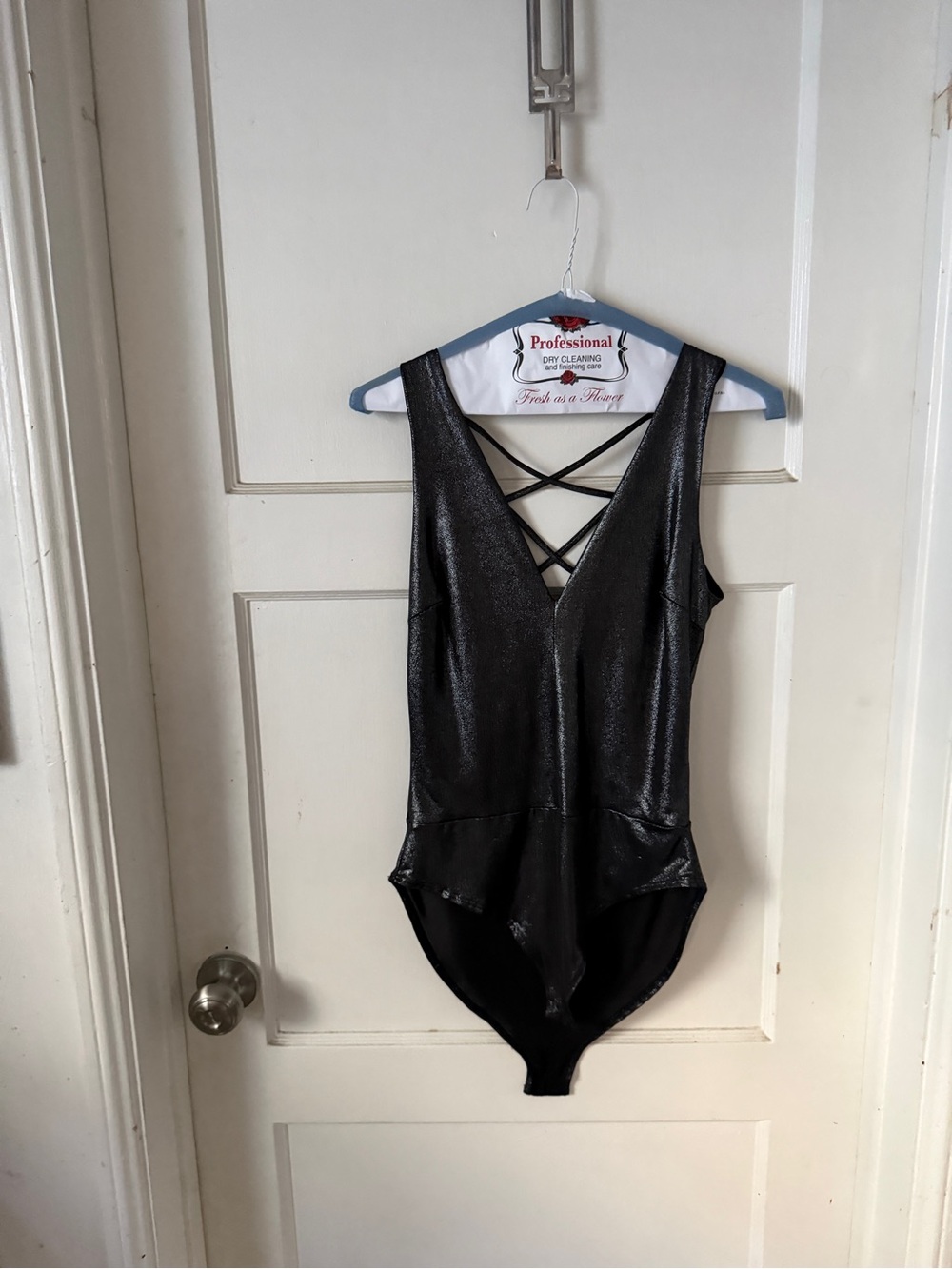 Sleek Black Shimmer V-Neck Bodysuit - Picture 5 of 5